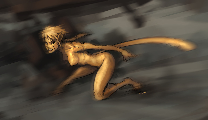 artist_name barefoot blonde_hair cat_tail cheetah_(dc) colored_skin commentary darren_geers dc_comics english_commentary facial_mark female monster_girl motion_blur photoshop_(medium) red_eyes running solo tail teeth wonder_woman_(series) yellow_skin