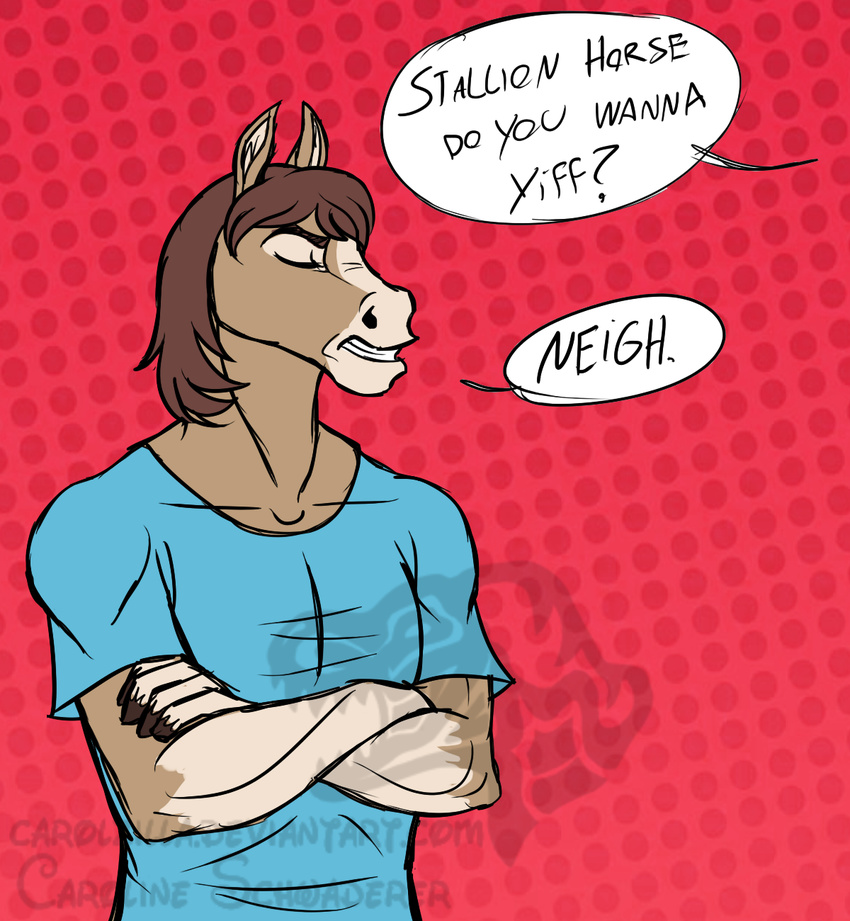 anthro brown_hair carolzilla closed_eyes clothed clothing crossed_arms dialogue distracting_watermark english_text equid equine fur game_grumps hair hi_res horse male mammal offscreen_character question refuse shirt short_hair solo speech_bubble tan_body tan_fur text topwear watermark