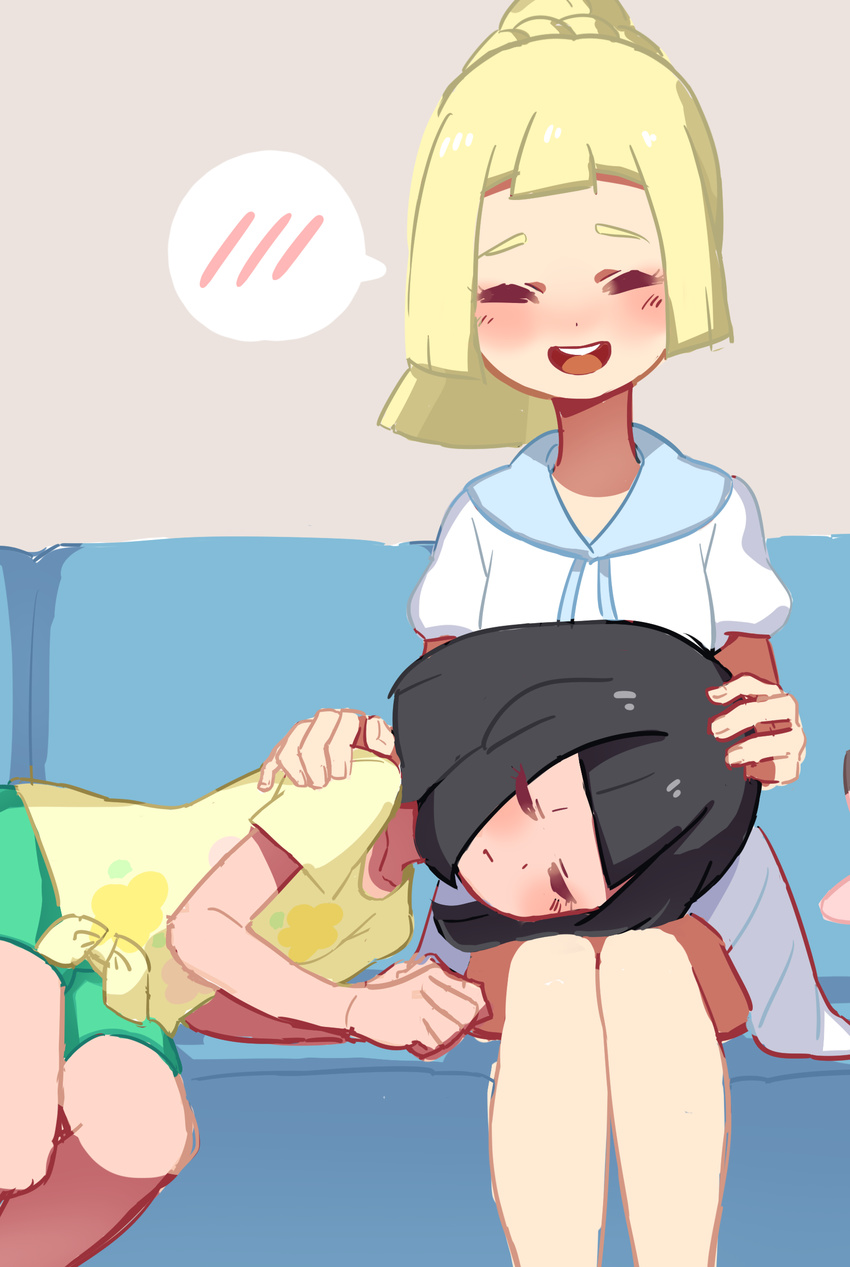 2girls black_hair blonde_hair blush closed_eyes deathroling female lillie_(pokemon) mizuki_(pokemon_sm) multiple_girls open_mouth pokemon pokemon_(game) pokemon_sm sleeping spoken_blush