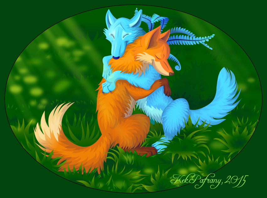 2015 ambiguous_gender canid canine canis digital_media_(artwork) feral fern fox grass hug kekpafrany kekpafrany_(character) light mammal outside plant solo wolf