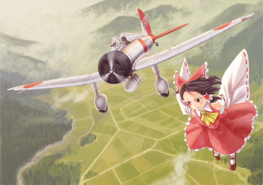 a5m aircraft airplane ascot black_hair bow brown_eyes chanko cloud collared_shirt commentary_request detached_sleeves female flying frilled_skirt frills hair_tubes hairbow hakurei_reimu landscape light_frown looking_at_another looking_back mary_janes medium_hair medium_skirt motion_blur nontraditional_miko open_mouth partial_commentary red_bow red_shirt red_skirt ribbon-trimmed_sleeves ribbon_trim roundel shirt shoes sidelocks skirt skirt_set sleeveless sleeveless_shirt socks touhou vehicle_focus white_legwear wide_sleeves yellow_ascot