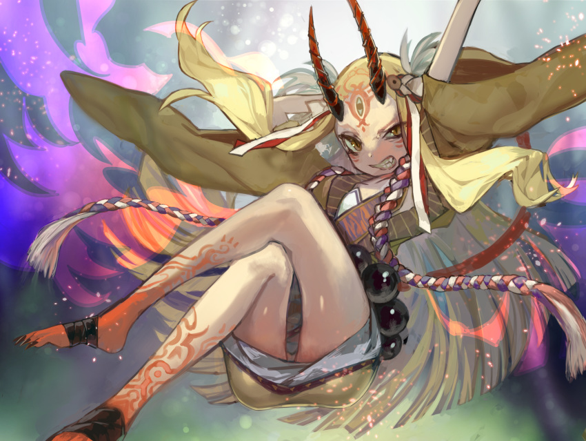 4:3_aspect_ratio blonde_hair claws fate/grand_order fate_(series) female female grin high_resolution horns ibaraki_douji_(fate/grand_order) kimono kurukuru15 long_hair looking_at_viewer nopan oni oni_horns short_kimono smile solo wafuku yellow_eyes yellow_kimono