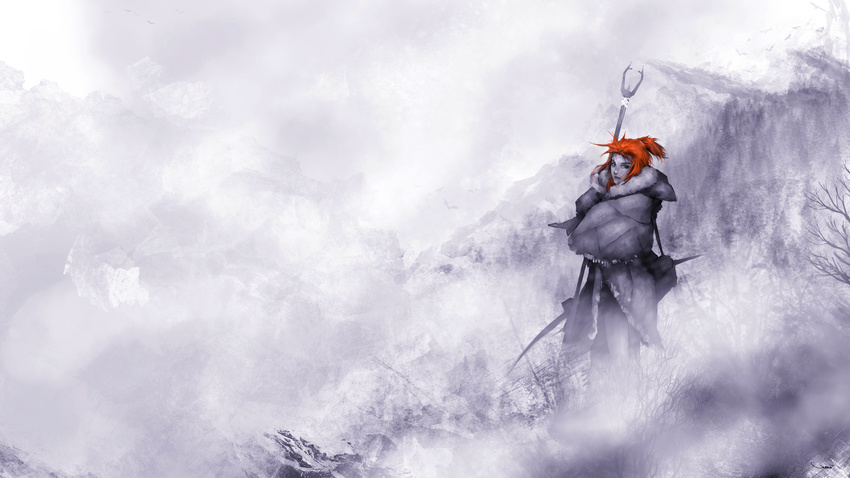 a_song_of_ice_and_fire absurdres bow_(weapon) brown_eyes commentary darren_geers english_commentary female game_of_thrones highres hood hood_down ice monochrome mountain orange_hair photoshop_(medium) polearm ponytail solo spear spot_color tree weapon ygritte