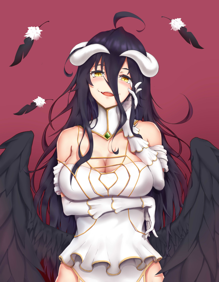 absurdres albedo_(overlord) arm_under_breasts black_feathers black_hair black_wings breast_hold breasts cleavage commentary demon_girl demon_horns demon_wings detached_collar dress falling_feathers feathered_wings feathers female gloves hair_between_eyes hand_on_own_cheek hand_on_own_face highres hip_vent horns iku!_iku!! large_breasts long_hair looking_at_viewer low_wings overlord_(maruyama) slit_pupils smile solo symbol-only_commentary white_dress white_gloves white_horns wings yellow_eyes