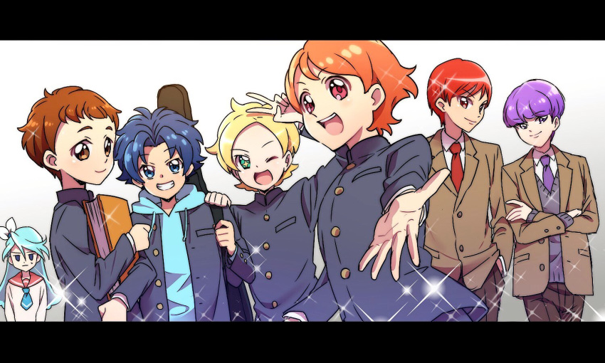 6+boys arisugawa_himari blazer blonde_hair blue_hair brown_hair commentary_request crossed_arms female gakuran genderswap_(ftm) genderswap_(mtf) hood hoodie ichigo_field_high_school_uniform ichigozaka_middle_school_uniform jacket julio_(precure) kenjou_akira kirahoshi_ciel kirakira_precure_a_la_mode kotozume_yukari letterboxed multiple_boys orange_hair partial_commentary precure purple_hair red_hair rule_63 school_uniform serafuku sparkle sweatdrop tategami_aoi usami_ichika v yoshimi_(ysm_8883377)