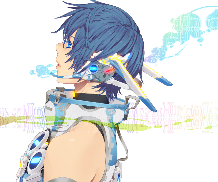 1boy alternate_costume bad_id bad_pixiv_id blue_eyes blue_hair colored_eyelashes glowing headphones headset highres kaito_(vocaloid) male_focus nayu parted_lips profile solo upper_body vocaloid white_background