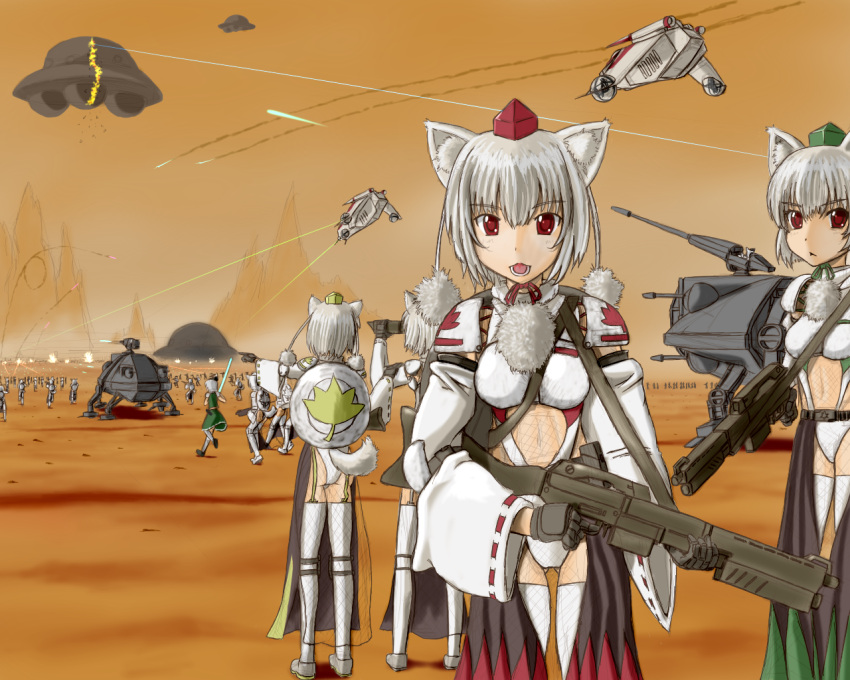 6+girls animal_ears clone commentary_request detached_sleeves energy_sword geonosis gloves grey_hair gun hat inubashiri_momiji konpaku_youmu lightsaber multiple_girls parody red_eyes rifle short_hair star_wars star_wars:_attack_of_the_clones sword tail thighhighs tokin_hat touhou u.s.m.c ufo weapon wolf_ears wolf_tail wolf_tengu_extra_(touhou)