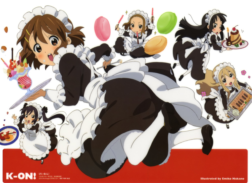 5girls absurdres akiyama_mio black_hair blonde_hair brown_eyes brown_hair chibi clear_file_(medium) color_issue falling food highres hirasawa_yui k-on! kotobuki_tsumugi long_hair looking_at_viewer looking_back macaron maid multiple_girls nakano_azusa nakano_emiko official_art pantyhose scan short_hair simple_background tainaka_ritsu very_long_hair