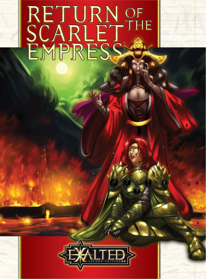 2girls armor bad_end bracelet breasts cape chains city cleavage collar cover demon dragonblooded empress exalted fingernails fire green_eyes green_sun hair_ornament headdress highres jewelry landscape large_breasts long_fingernails long_hair mountain multiple_girls nail_polish necklace photoshop_(medium) red_hair red_nails ring scarlet_empress scenery shoulder_pads smoke spikes sun wall yellow_eyes