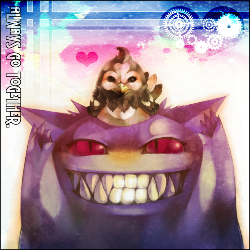 bad_id bad_pixiv_id english_text gears gengar grin heart highres no_humans pokemon pokemon_(creature) size_difference smile starly taijukaren teeth