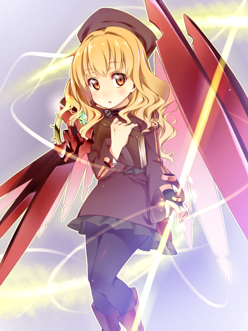 blonde_hair book commentary_request female fingerless_gloves gloves hat highres kazuma_(kazumav) orange_eyes pantyhose sekaiju_no_meikyuu sekaiju_no_meikyuu_3 solo wings zodiac_(sekaiju) zodiac_4_(sekaiju)