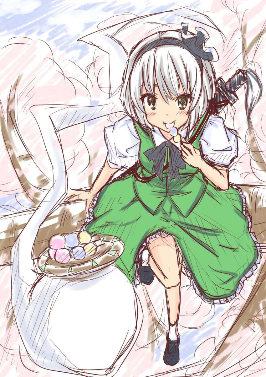 bad_id bad_pixiv_id cherry_blossoms dango eating female food highres hitodama konpaku_youmu konpaku_youmu_(ghost) noichigo sketch solo touhou tree wagashi