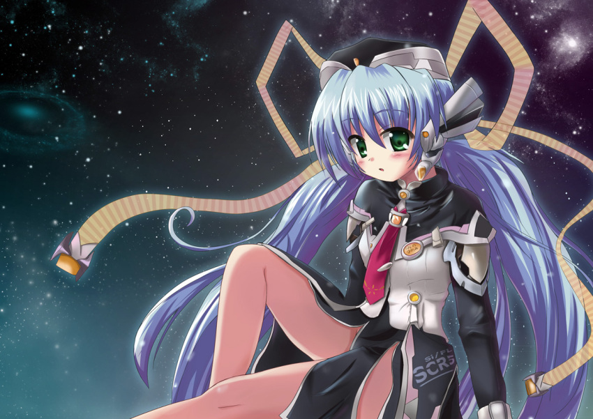 blue_hair commentary_request female green_eyes hat hoshino_yumemi long_hair necktie photoshop_(medium) planetarian rayhwang ribbon solo twintails