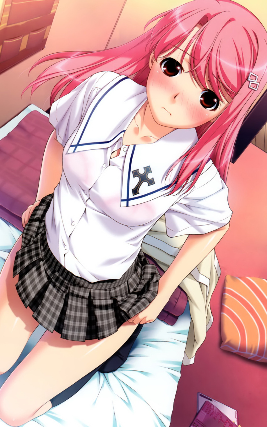 adjusting_clothes adjusting_panties blush bra brown_eyes collarbone female from_above hair_ornament hairclip highres indoors ino_(magloid) kimihagu kneehighs kneeling lingerie long_hair looking_up panties pink_bra pink_hair school_uniform see-through shiina_kasumi shirt skirt socks solo taut_clothes taut_shirt thigh_gap underwear