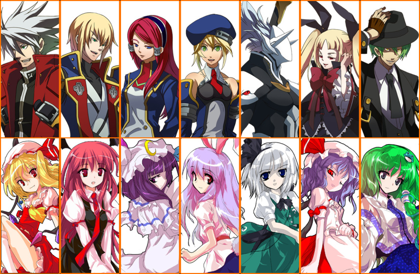 4boys 6+girls alphes animal_ears bad_id bad_pixiv_id bat_(animal) bat_wings beret black_eyes blazblue blonde_hair blue_eyes book bow collage crossover dress eien_no_kurayami flandre_scarlet frog_hair_ornament goth_fashion green_eyes green_hair grey_hair hair_ornament hakumen hat hazama headband heterochromia ideolo jin_kisaragi koakuma kochiya_sanae konpaku_youmu m.u.g.e.n military military_uniform mori_toshimichi multiple_boys multiple_girls necktie noel_vermillion patchouli_knowledge photoshop_(medium) purple_hair rabbit_ears rachel_alucard ragna_the_bloodedge red_bow red_eyes red_hair reisen_udongein_inaba remilia_scarlet ribbon snake_hair_ornament third-party_edit touhou tsubaki_yayoi uniform wings yellow_eyes