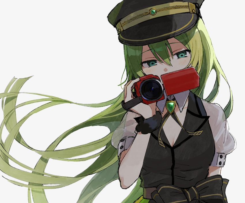 alina_gray black_hat black_shirt boyano breasts camcorder camera detached_collar female green_eyes green_hair hair_between_eyes hand_up hat holding holding_camera long_hair looking_at_viewer magia_record:_mahou_shoujo_madoka_magica_gaiden magical_girl mahou_shoujo_madoka_magica medium_breasts multicolored_hair peaked_cap puffy_short_sleeves puffy_sleeves shirt short_sleeves sidelocks solo upper_body video_camera wind wrist_cuffs