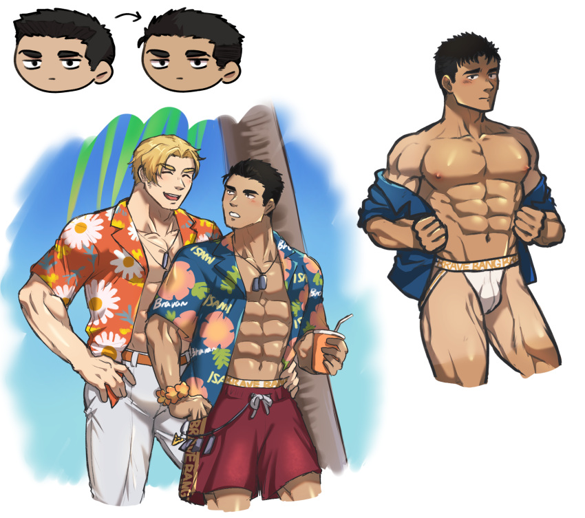 2boys :d abs ao_isami bara bare_pectorals black_hair blonde_hair bulge couple cropped_legs facial_hair formal highres hisashira holding_hands husband_and_husband large_pectorals lewis_smith looking_at_viewer male_focus male_swimwear multiple_boys muscular muscular_male navel nipples official_alternate_costume official_alternate_hairstyle pectorals sideburns_stubble smile standing stomach stubble suit swim_trunks tan thick_eyebrows white_suit yaoi yuuki_bakuhatsu_bang_bravern