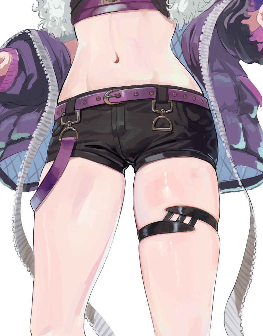 absurdres belt black_shorts bustier dalcom dated_commentary female fur-trimmed_jacket fur_trim highres jacket lower_body midriff navel nijisanji nijisanji_kr open_clothes open_jacket purple_belt purple_bustier purple_jacket short_shorts shorts simple_background solo stomach thigh_strap thighs virtual_youtuber white_background yang_nari yang_nari_(2nd_costume)