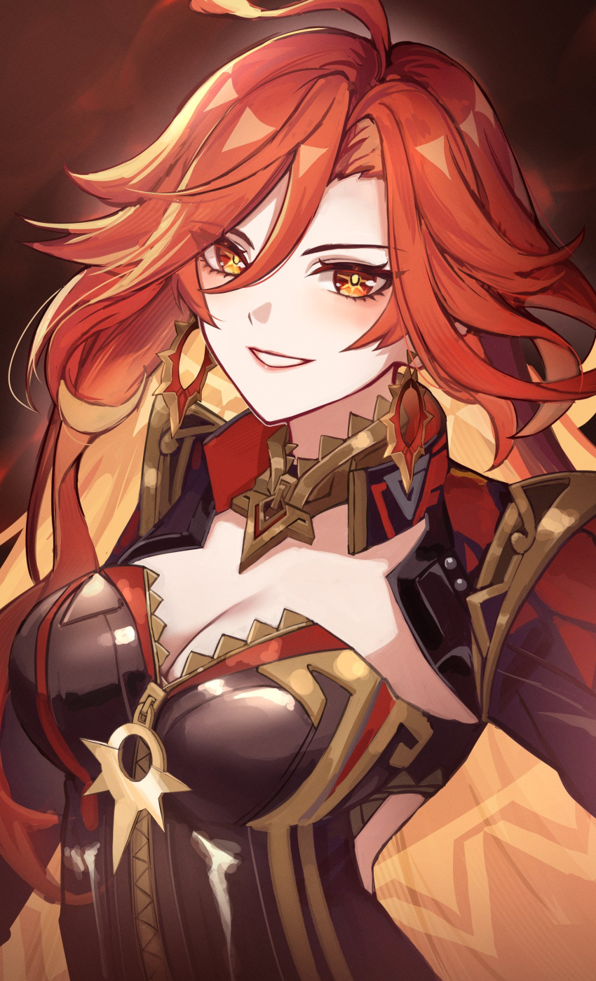 absurdres breasts cleavage earrings female genshin_impact grin hal_aluha highres jewelry large_breasts long_hair looking_at_viewer mavuika_(genshin_impact) orange_eyes orange_hair revision smile solo upper_body