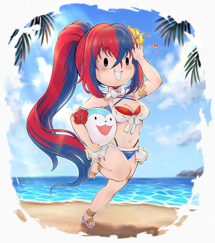 alear_(female)_(fire_emblem) alear_(female)_(seaside_dragon)_(fire_emblem) alear_(fire_emblem) beach bikini blue_bikini blue_eyes blue_hair breasts character_ball criss-cross_halter crossed_bangs evomanaphy female fire_emblem fire_emblem_engage fire_emblem_heroes halterneck high_heels highres long_hair multicolored_bikini multicolored_clothes ocean official_alternate_costume official_alternate_hairstyle red_bikini sandals solo sommie_(fire_emblem) swimsuit white_bikini