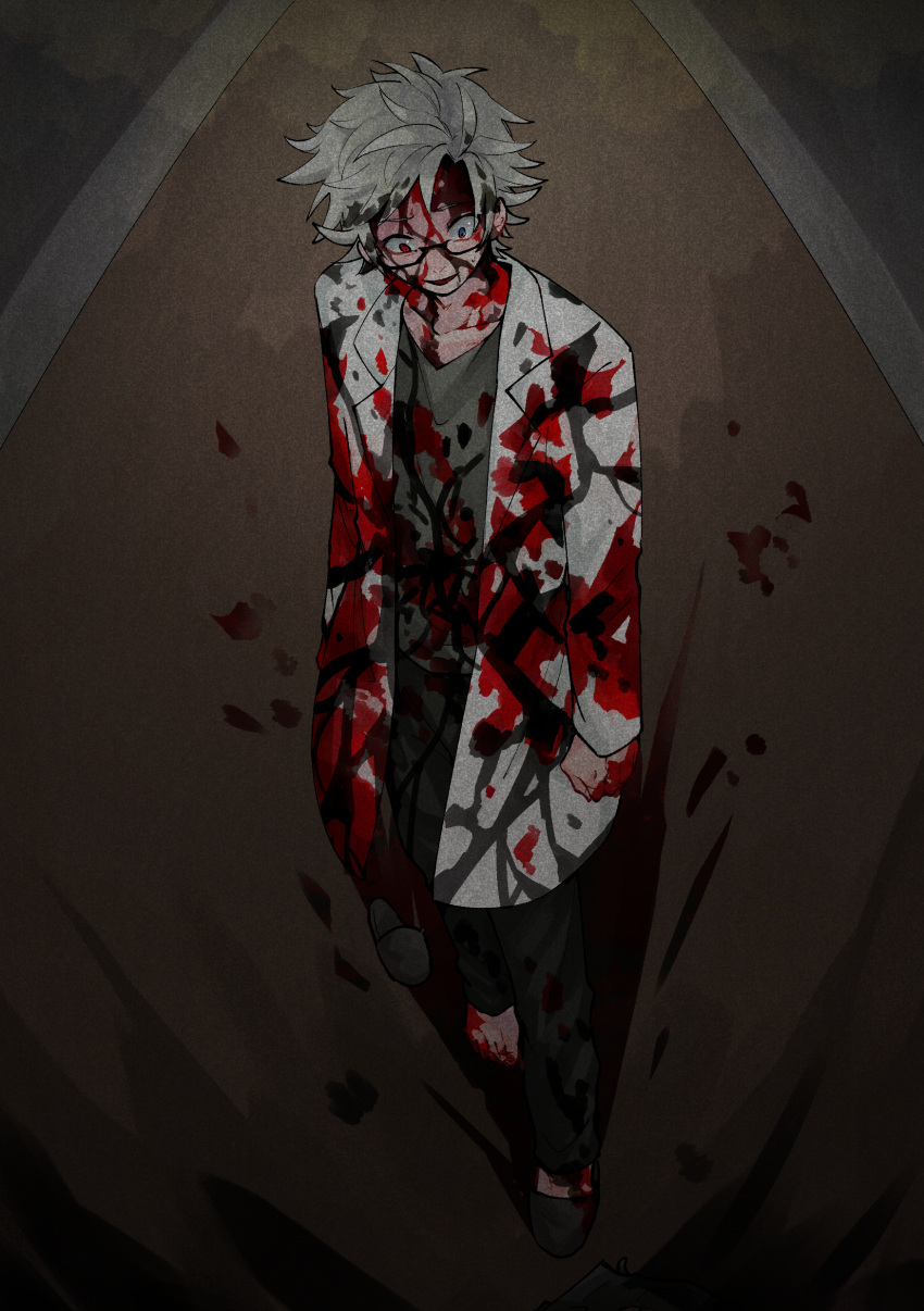 1boy absurdres asaba_kurone black_footwear black_pantyhose blood blood_on_clothes blood_on_face blood_on_feet blood_on_hands blue_eyes commentary_request film_grain full_body glasses grey_shirt heterochromia highres kanou_aogu lab_coat long_sleeves male_focus open_clothes open_mouth pantyhose red_eyes saibou_shinkyoku shirt short_hair single_barefoot slippers solo