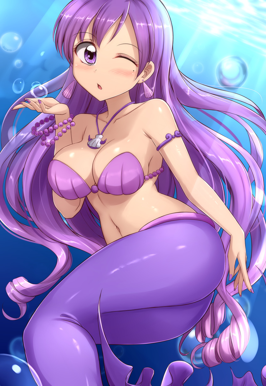 absurdres air_bubble armlet ass bare_shoulders blowing_kiss blush bracelet breasts bubble caren_(mermaid_melody_pichi_pichi_pitch) cleavage collarbone commentary drill_hair earrings female hair_between_eyes highres jewelry large_breasts light_rays long_hair looking_at_viewer mermaid mermaid_melody_pichi_pichi_pitch monster_girl navel necklace one_eye_closed open_mouth pearl_bracelet purple_eyes purple_hair purple_nails shell shell_bikini shell_earrings shell_necklace sidelocks skywalker0610 solo stomach underwater very_long_hair