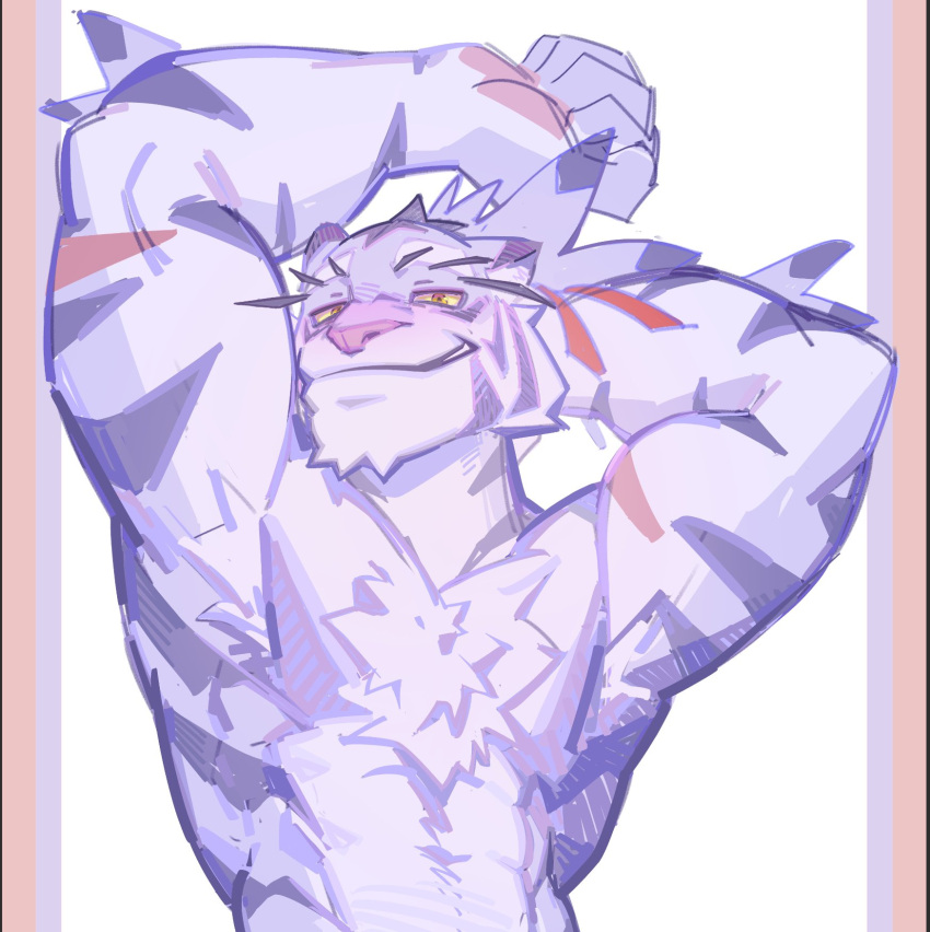 1boy bara blush cat_boy furry furry_male highres looking_at_viewer male_focus manly mature_male muscular muscular_male nimbus_(world_flipper) nose_blush nyuudles pectorals ponytail simple_background solo thick_arms upper_body white_fur world_flipper yellow_eyes