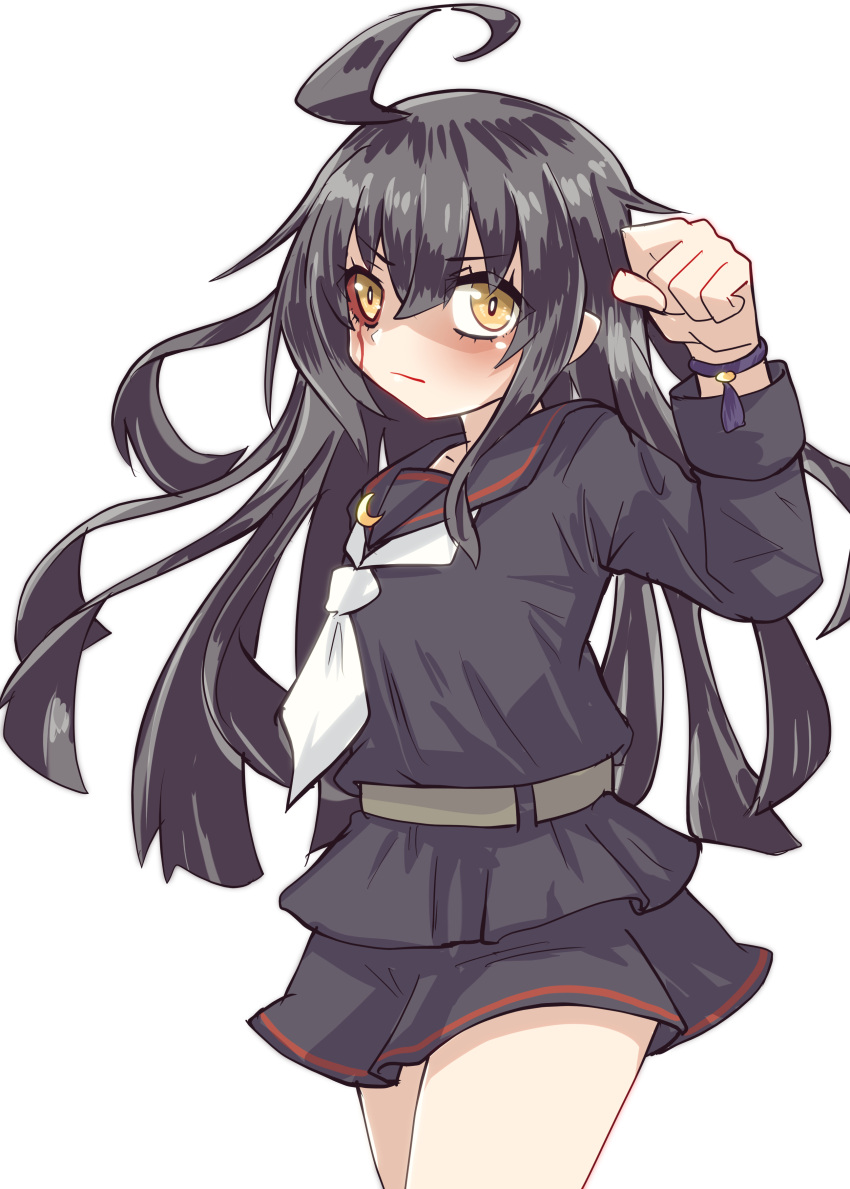 absurdres ahoge black_hair black_serafuku blood blood_on_face blush bracelet cowboy_shot crescent crescent_pin female gundam gundam_tekketsu_no_orphans highres jewelry kantai_collection kitahama_(siroimakeinu831) long_hair long_sleeves looking_at_viewer mikazuki_(kancolle) mikazuki_augus neckerchief school_uniform serafuku simple_background skirt solo white_background yellow_eyes