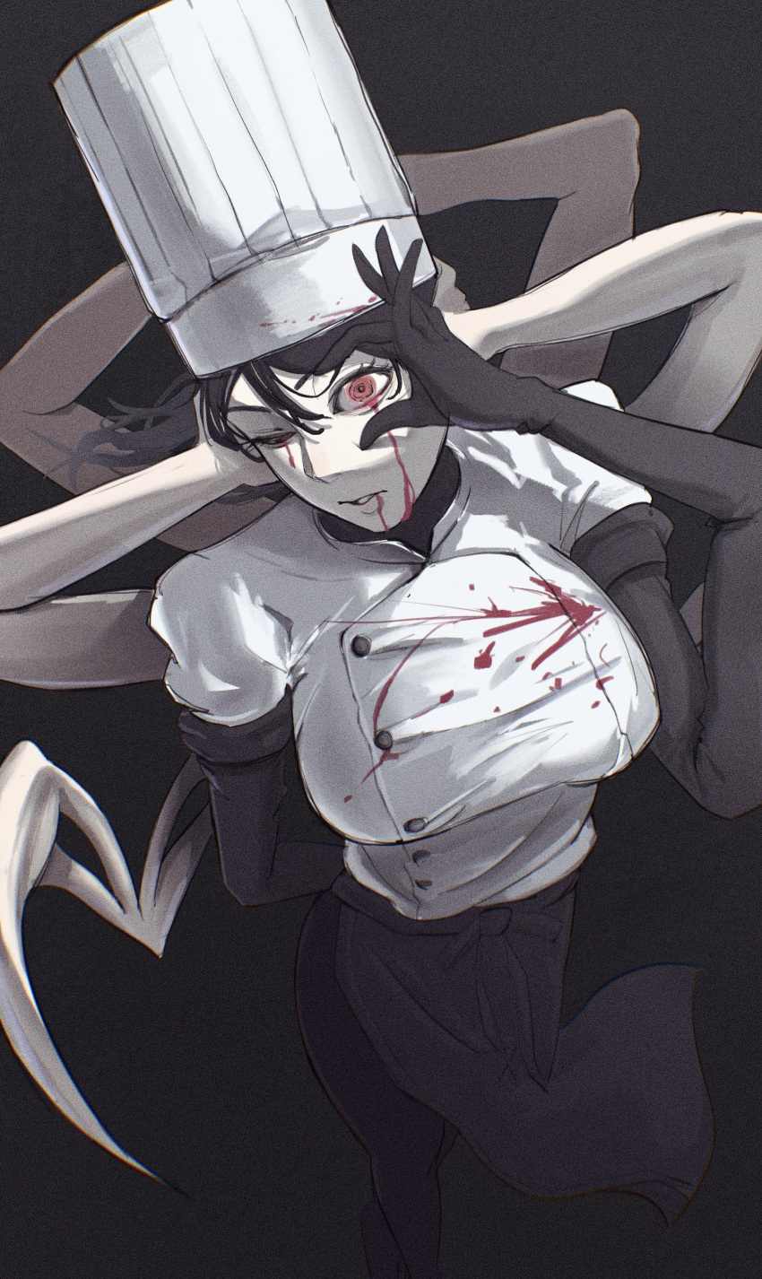 absurdres apron arthropod_limbs black_gloves blood blood_drip blood_from_eyes blood_from_mouth chainsaw_man chef chef_hat elbow_gloves extra_arms falling_devil_(chainsaw_man) female flat_top_chef_hat gloves hat highres long_arms sakuranuts00 solo