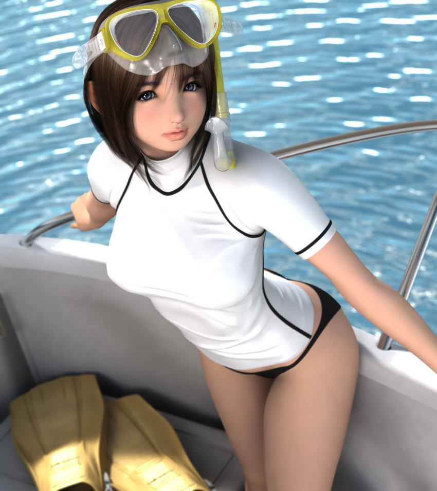 3d bikini bikini_bottom_only black_eyes boat breasts brown_hair commentary_request diving_mask female flippers goggles goggles_on_head highres hinemaru looking_at_viewer medium_breasts original raglan_sleeves rash_guard shirt short_hair short_sleeves snorkel solo standing swimsuit t-shirt water watercraft white_shirt