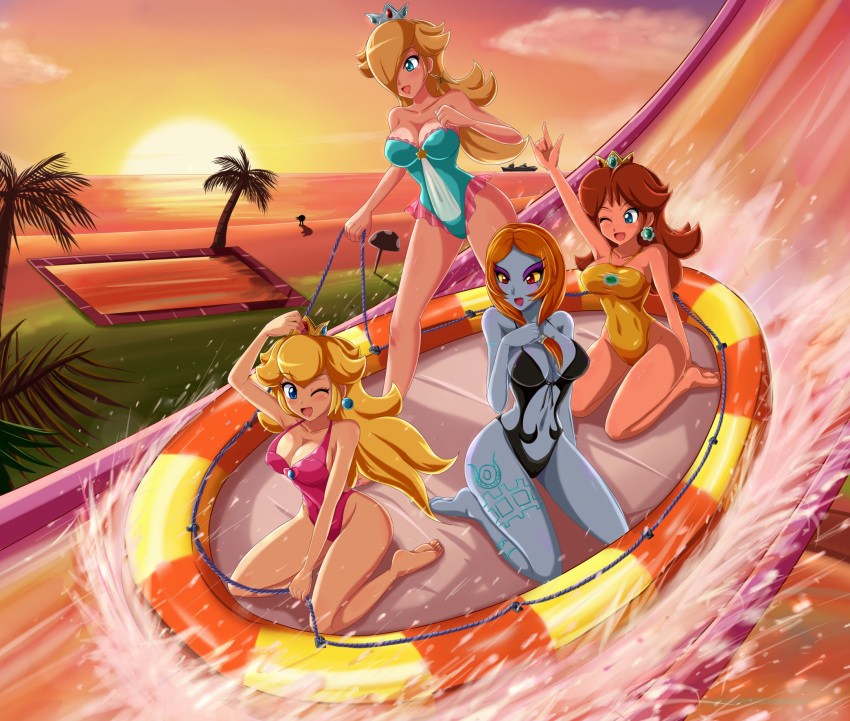 4girls alternate_breast_size alternate_costume bare_shoulders barefoot beach blonde_hair blue_skin casual_one-piece_swimsuit cataquack colored_skin commentary commission crown earrings english_commentary flipped_hair hair_over_one_eye halterneck highres inflatable_raft jewelry looking_at_viewer mario_(series) midna midna_(true) multiple_girls ocean one-piece_swimsuit one_eye_closed outdoors palm_tree princess_daisy princess_peach rosalina sigurd_hosenfeld sitting splashing spoilers standing sun sunset super_mario_galaxy super_smash_bros. swimsuit the_legend_of_zelda the_legend_of_zelda:_twilight_princess tree wariza water_slide