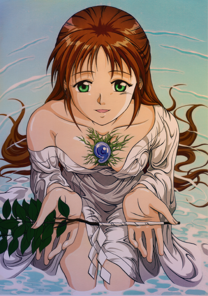 bad_id bad_pixiv_id blue_seed branch brown_hair commentary_request female fujimiya_momiji green_eyes half_updo highres looking_up magatama mikage_too solo water