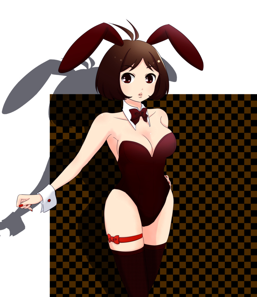 animal_ears antenna_hair bare_shoulders bob_cut bow bowtie breasts brown_eyes brown_hair cleavage commentary_request fake_animal_ears female hidaka_ai highres idolmaster idolmaster_dearly_stars large_breasts leg_ribbon lips maiko_(yoshida308) nail_polish playboy_bunny rabbit_ears red_nails ribbon short_hair solo thigh_ribbon thighhighs wrist_cuffs