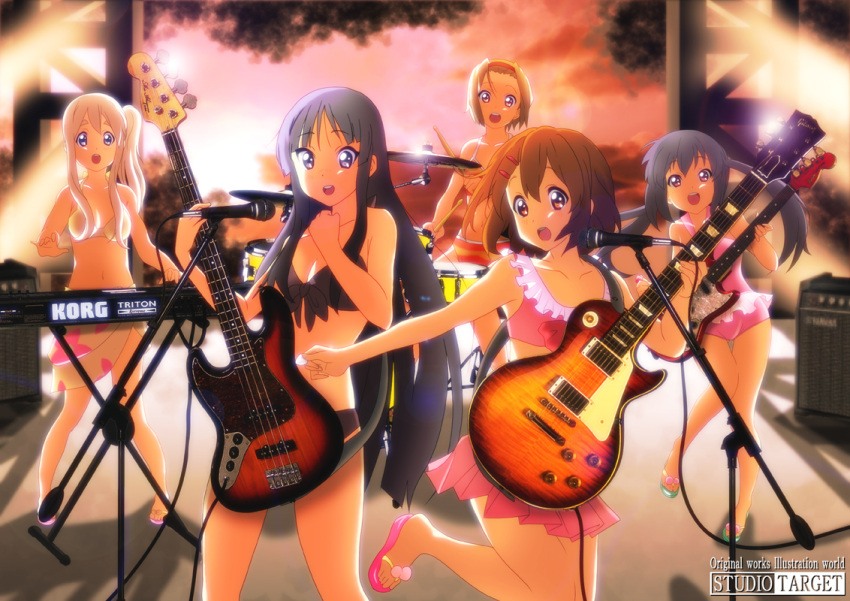 5girls akiyama_mio bad_id bad_pixiv_id band bass_guitar bikini black_hair blonde_hair bloom brown_eyes brown_hair concert drum drum_set drumsticks electric_guitar fender_jazz_bass fender_musical_instruments_corporation fender_mustang frills front-tie_top gibson_brands_inc gibson_les_paul guitar hairband hirasawa_yui instrument k-on! keyboard_(instrument) korg korg_triton kotobuki_tsumugi left-handed legs long_hair microphone microphone_stand multiple_girls nakano_azusa outdoors photoshop_(medium) pink_eyes purple_eyes swimsuit synthesizer tainaka_ritsu twintails wan-taka