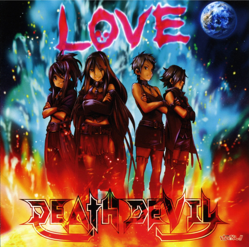 4girls album_cover belt choker cover crossed_arms death_devil della_(k-on!) earth_(planet) extra fire heavy_metal highres horiguchi_yukiko jane_(k-on!) k-on! kawaguchi_norimi miniskirt multiple_girls no_eyewear official_art pantyhose planet scan skirt skull sleeves_rolled_up thighhighs yamanaka_sawako