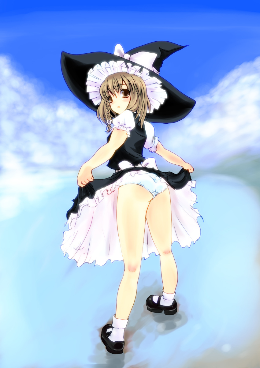 ass blonde_hair braid clothes_lift commentary_request female hat highres kakihara_inuhiko kirisame_marisa panties photoshop_(medium) short_hair skirt skirt_lift skirt_set solo touhou underwear vest witch_hat yellow_eyes