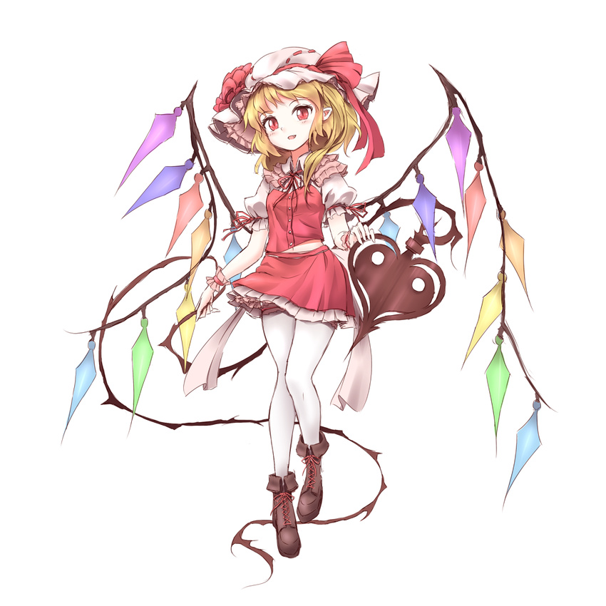 blonde_hair blush boots cross-laced_footwear crystal flandre_scarlet full_body hat hat_ribbon highres lace-up_boots laevatein looking_at_viewer minust mob_cap open_mouth pointy_ears puffy_sleeves red_eyes ribbon shirt short_hair short_sleeves side_ponytail simple_background skirt skirt_set smile solo thighhighs touhou vest white_background white_legwear wings wrist_cuffs