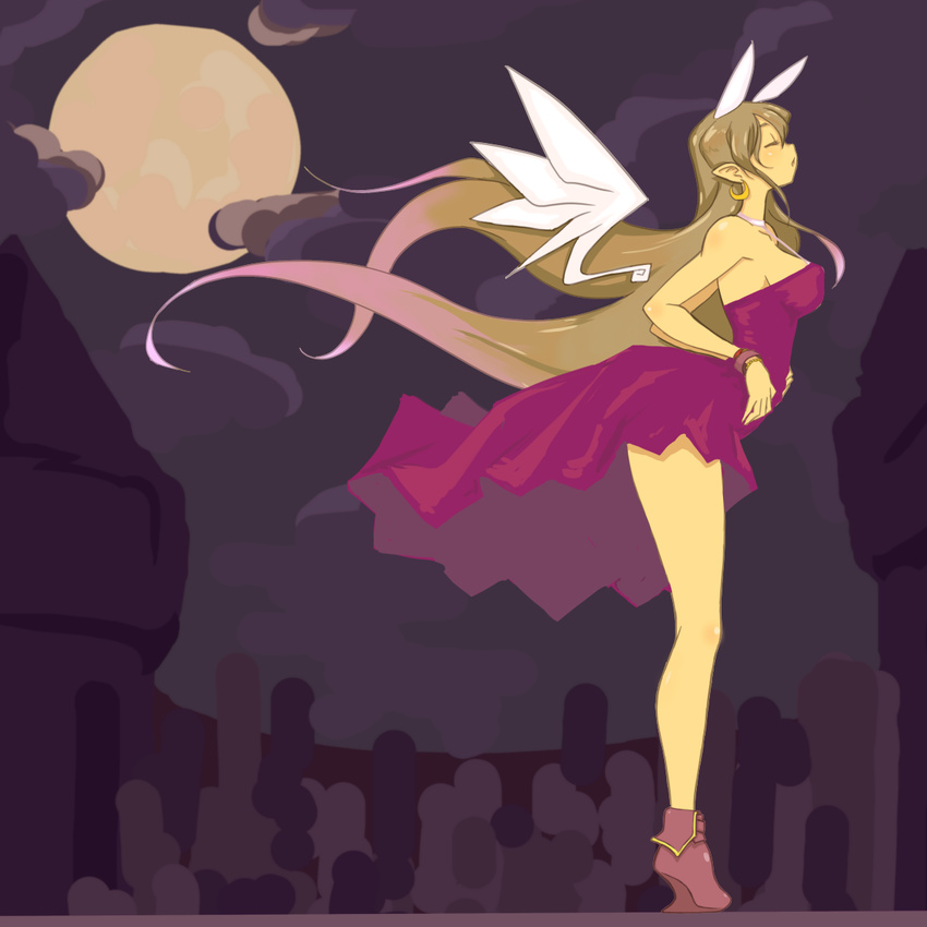 animal_ears breasts brown_hair closed_eyes commentary_request dress female full_moon highres long_hair medium_breasts moon noname_(nowhere) original profile purple_dress rabbit_ears rumi_(netyhobby) solo wings