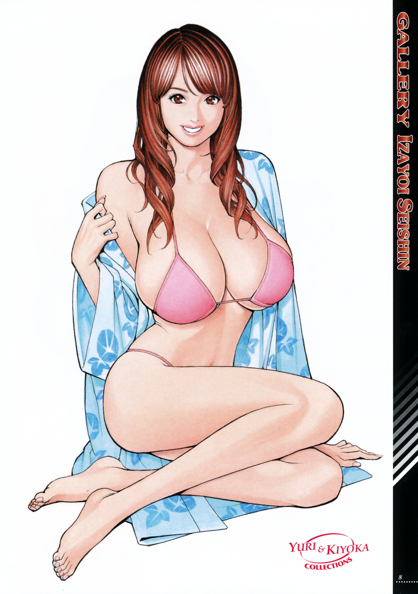 action_pizazz barefoot bikini breasts brown_eyes brown_hair drill_hair feet female fingernails full_body grin hair_over_shoulder highres huge_breasts izayoi_seishin japanese_clothes kimono leaf_print legs lips long_hair long_sleeves looking_at_viewer mature_female nail_polish navel open_clothes open_robe photoshop_(medium) pink_bikini robe simple_background smile solo swimsuit text_focus undressing white_background