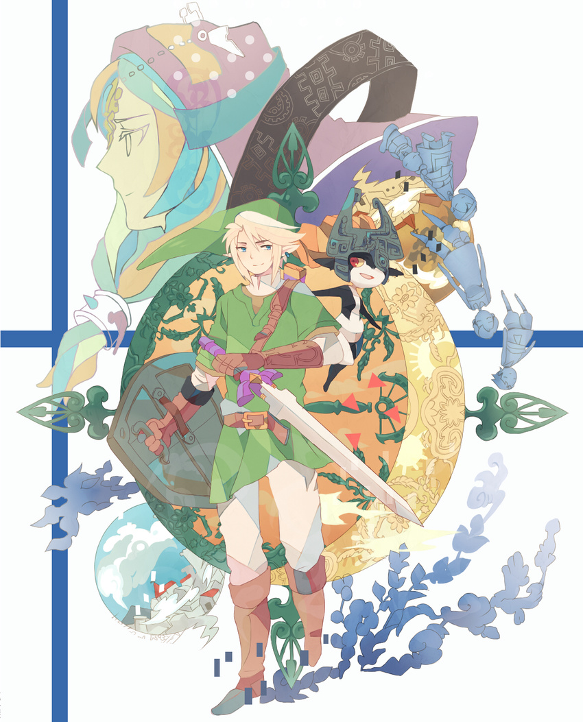 bad_id bad_pixiv_id beth blonde_hair blue_eyes earrings gloves hat helmet highres holding holding_sword holding_weapon ilia_(zelda) jewelry left-handed link malo master_sword midna multiple_boys multiple_girls pointy_ears red_eyes reverse_grip shield smile sword talo the_legend_of_zelda the_legend_of_zelda:_twilight_princess weapon yachi_kou