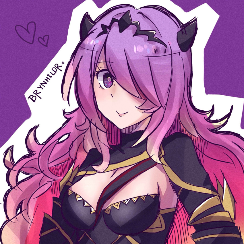 armor bad_id bad_pixiv_id black_armor breasts brynhildr97 camilla_(fire_emblem) chibi demon_horns female fire_emblem fire_emblem_fates hair_ornament hair_over_one_eye highres horns large_breasts long_hair looking_at_viewer purple_eyes purple_hair smile tiara