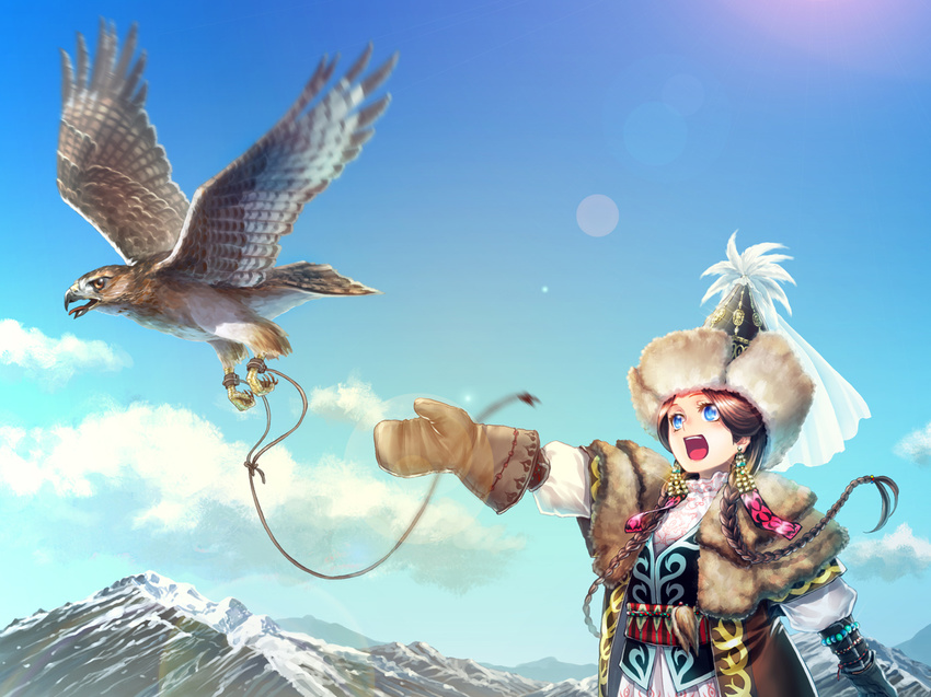 :d beads bird blue_eyes bracelet braid brown_hair brown_mittens cloud commentary day earrings falconry female fur hat jewelry kazakh_clothes kazakhstan kws leash lens_flare long_hair mittens mountain open_mouth original outstretched_arm photoshop_(medium) sky smile snow solo traditional_clothes twin_braids