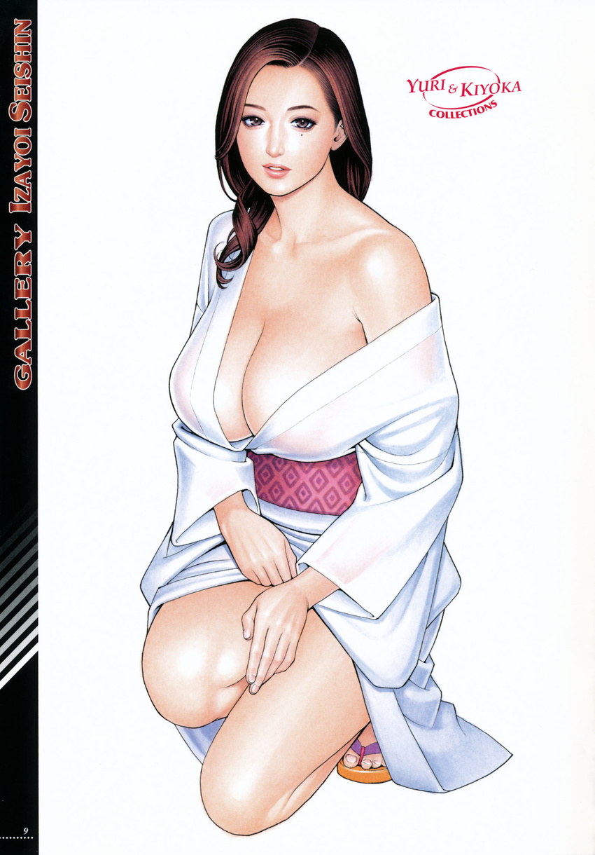 action_pizazz breasts brown_eyes brown_hair collarbone female fingernails full_body highres huge_breasts izayoi_seishin japanese_clothes kimono lips long_sleeves looking_at_viewer mature_female mole mole_under_eye off_shoulder page_number parted_lips photoshop_(medium) sandals see-through_silhouette simple_background solo squatting text_focus undressing white_background white_kimono