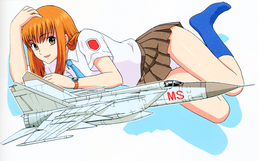 absurdres aircraft airplane arm_support blue_necktie blue_socks brown_eyes brown_hair collared_shirt crotch_seam doi_shizuha female full_body grey_skirt highres long_hair looking_at_viewer lying meteor_sweepers_uniform mig-25 necktie official_art on_side open_mouth panties pantyshot photoshop_(medium) pleated_skirt school_uniform shirt simple_background skirt socks solo stratos_4 underwear uniform vehicle_focus watch white_panties white_shirt wristwatch yamauchi_noriyasu