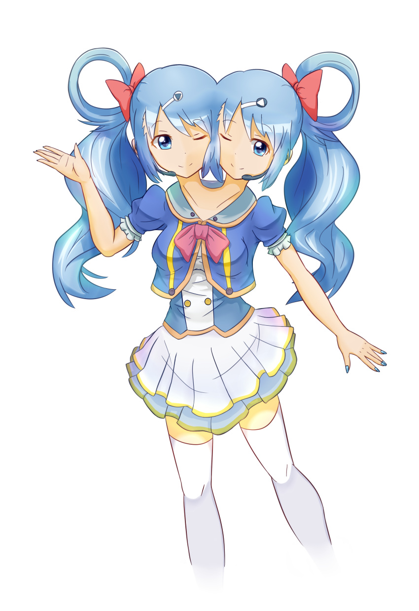 blue_hair conjoined female hairpin idol ribbon stocking swallowtail twintails two_heads wink