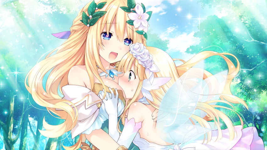 2girls bare_shoulders blonde_hair blue_eyes blush bouquet_(neptunia) braid breasts cleavage dress fairy_wings flower four_goddesses_online:_cyber_dimension_neptune french_braid game_cg gloves hair_flower hair_ornament heart heart-shaped_pupils highres hug large_breasts long_hair multiple_girls neptune_(series) official_art smile symbol-shaped_pupils tsunako vert_(neptunia) white_dress wings yuri