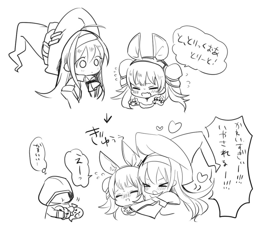 >_< 1other 2girls animal_ears bat_ears blush closed_eyes commentary_request fake_animal_ears fire_emblem fire_emblem:_path_of_radiance fire_emblem:_the_sacred_stones fire_emblem_heroes greyscale halloween halloween_costume hat headband hood hood_up hug kiran_(fire_emblem) long_hair mia_(fire_emblem) mia_(halloween)_(fire_emblem) monochrome multi-tied_hair multiple_girls myrrh_(fire_emblem) myrrh_(halloween)_(fire_emblem) open_mouth robe sou_mei translation_request twintails witch_hat