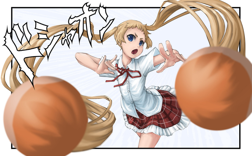 blonde_hair blue_eyes chuunibyou_demo_koi_ga_shitai! commentary_request dekomori_sanae female hair_weapon highres icho_private_high_school_uniform jigoku_inu jojo_no_kimyou_na_bouken long_hair open_mouth parody photoshop_(medium) plaid plaid_skirt school_uniform skirt solo twintails very_long_hair