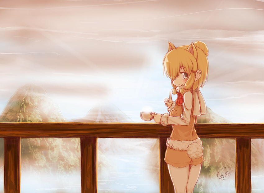 alpaca_ears alpaca_suri_(kemono_friends) alpaca_tail animal_ears blonde_hair blush breast_pocket commentary_request cup female fog fur_trim hair_over_one_eye highres kemono_friends long_sleeves looking_at_viewer looking_back mountain neck_ribbon pantyhose pantyhose_under_shorts pocket pointing pointing_up ribbon ringoanu short_hair shorts smile solo sweater tail teacup vest