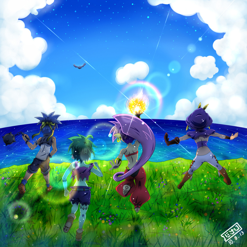 1boy 3girls bad_id bad_pixiv_id ball_and_chain_(weapon) bird blonde_hair blue_hair blue_skin bolo_(shantae) cliff colored_skin crop_top dark_skin dated earrings flail from_behind grass green_hair harem_pants highres hoop_earrings horizon jewelry jumping lens_flare long_hair making-of_available multiple_girls ocean outdoors pants purple_hair rottytops running shantae shantae_(series) skull_earrings sky_(shantae) spike_ball spiked_ball_and_chain very_long_hair wakashi_(m17) weapon wrench_(shantae) zombie